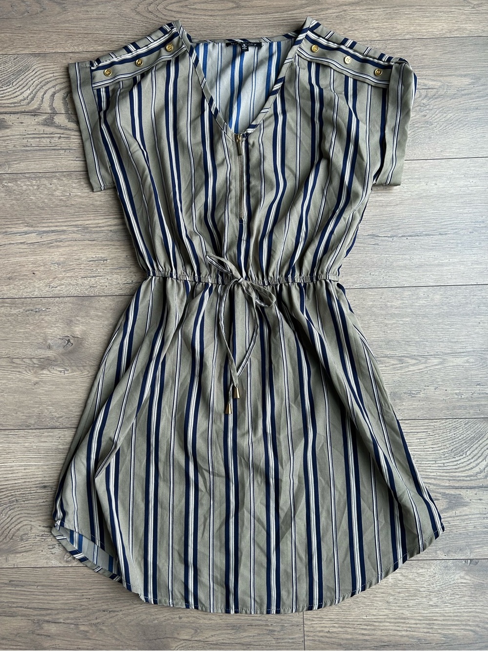 New Glory Striped V-Neck Drawstring Dress in Olive and Navy